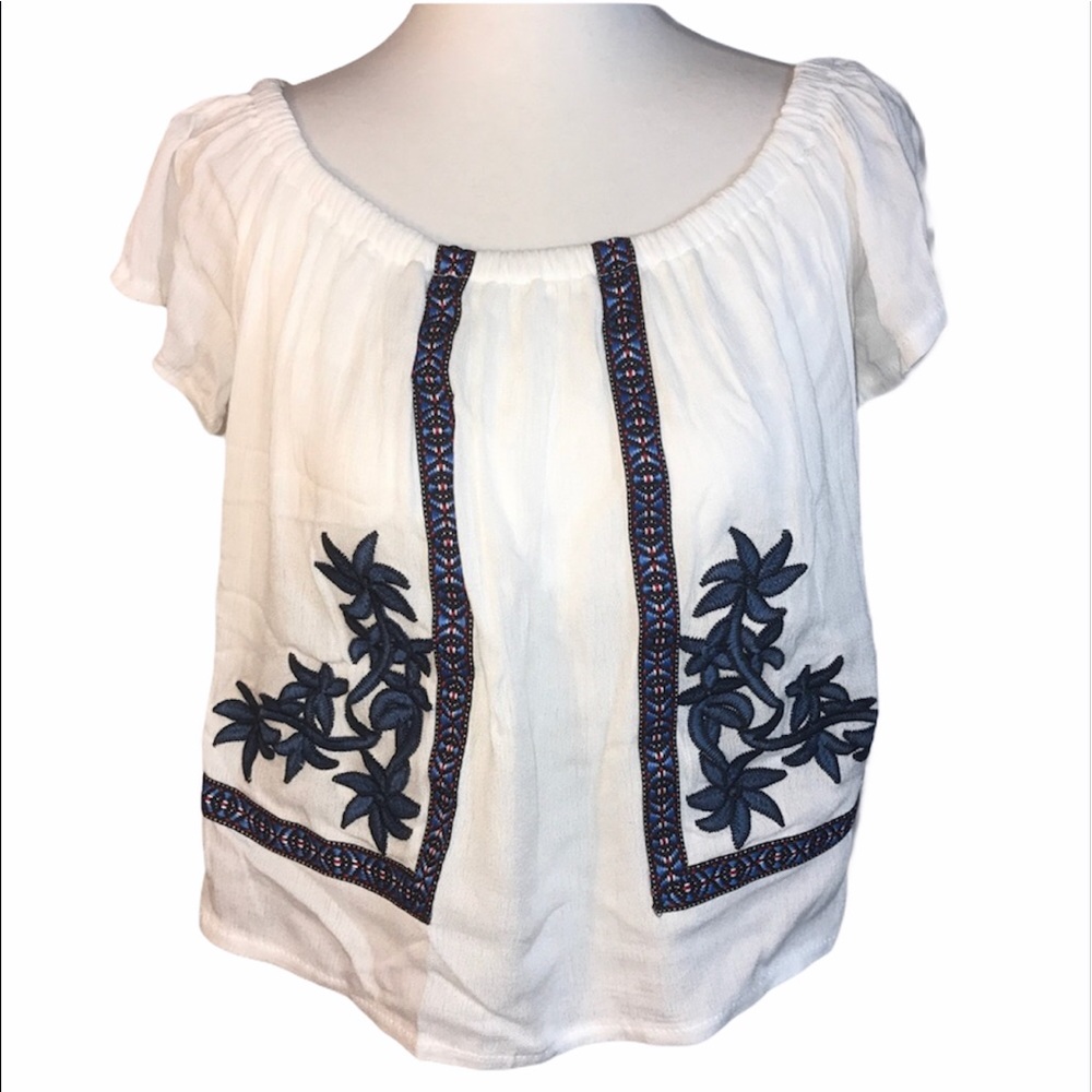 Romeo Juliet Top White Blue Peasant Shirt Blouse Small Off the Shoulder New